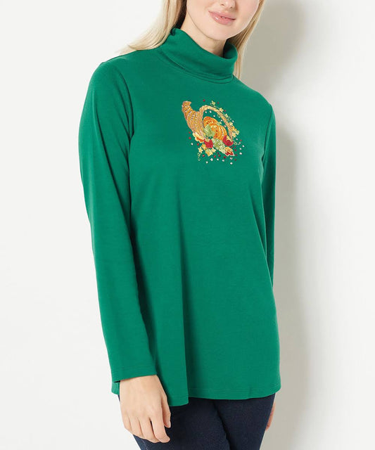 QF Embroidered Holiday Motif Women's Turtleneck Tunic Top