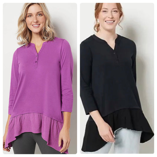 LOGO by Lori Goldstein Women’s Cotton Modal Henley Top with Woven Hem