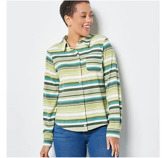 Denim & Co. Women’s Printed Heavenly Jersey Button Top- Dark Olive