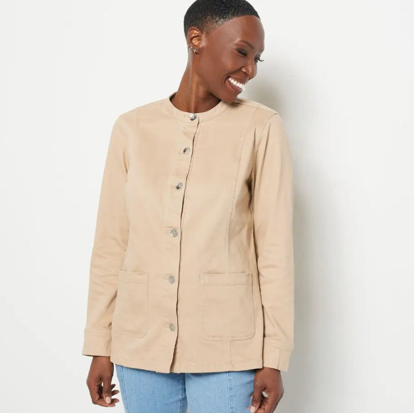 Isaac Mizrahi Women’s True Denim Long Line Denim Jacket- Cobble Stone