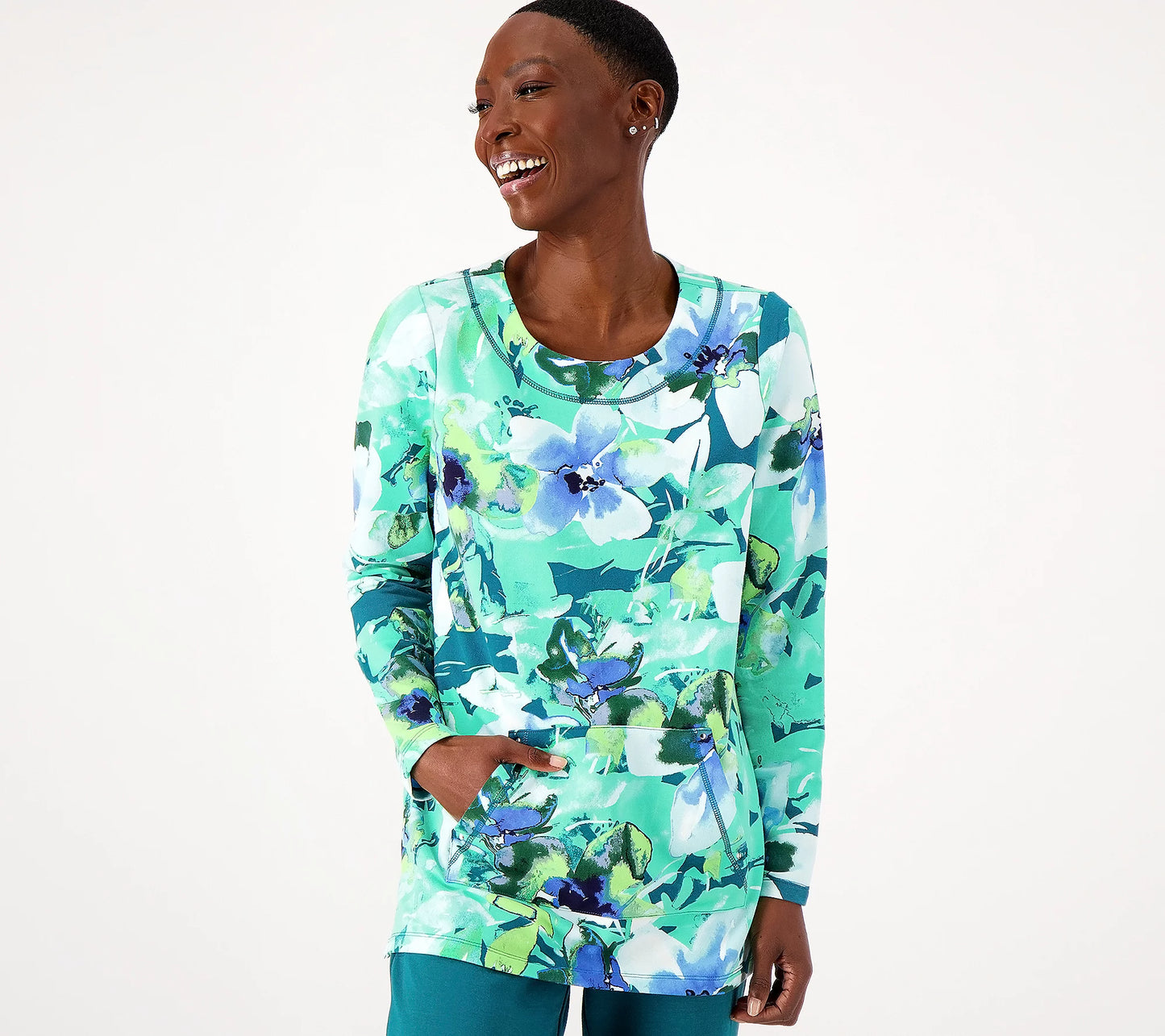 Sport Savvy Women’s All Day French Terry Floral Pocket Pullover- Spruce Green