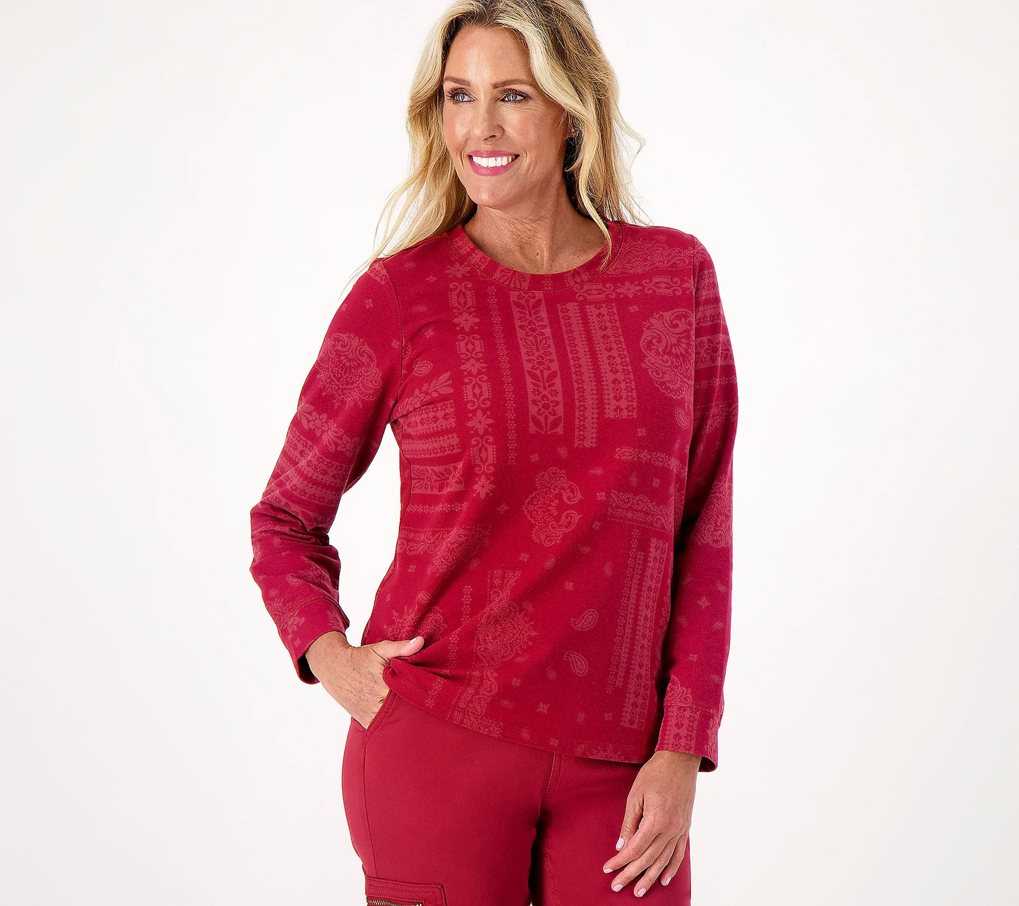 Denim & Co. Women’s Active Printed French Terry Round Neck Pullover