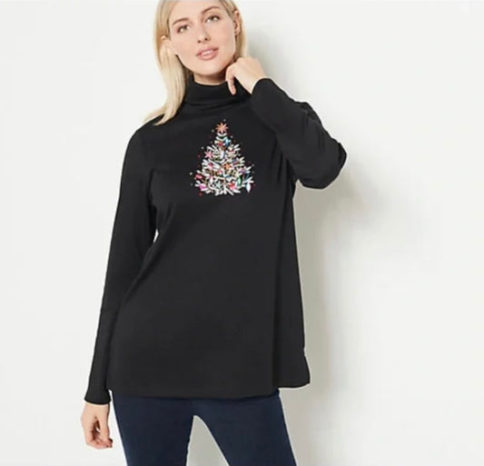 QF Women's Embroidered Holiday Tree Turtleneck Tunic Top
