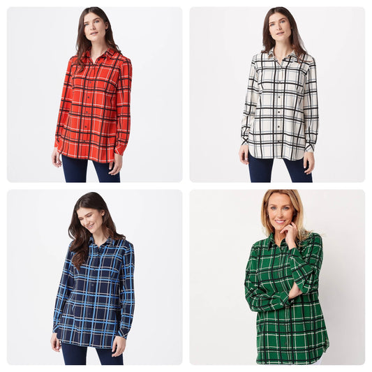 Susan Graver Women’s Printed Stretch Woven Button Front Tunic Shirt