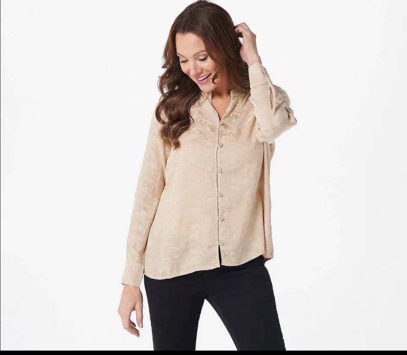 Side Stitch Women’s Mandarin Collar Camo Jacquard Print Top