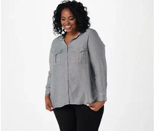 Side Stitch Women’s Long Sleeve Heathered Lux Utility Shirt- Grey