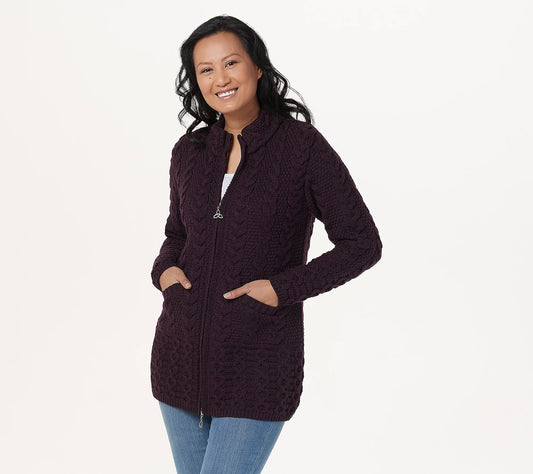 Aran Craft Merino Wool Women's Long Zip-Front Cardigan