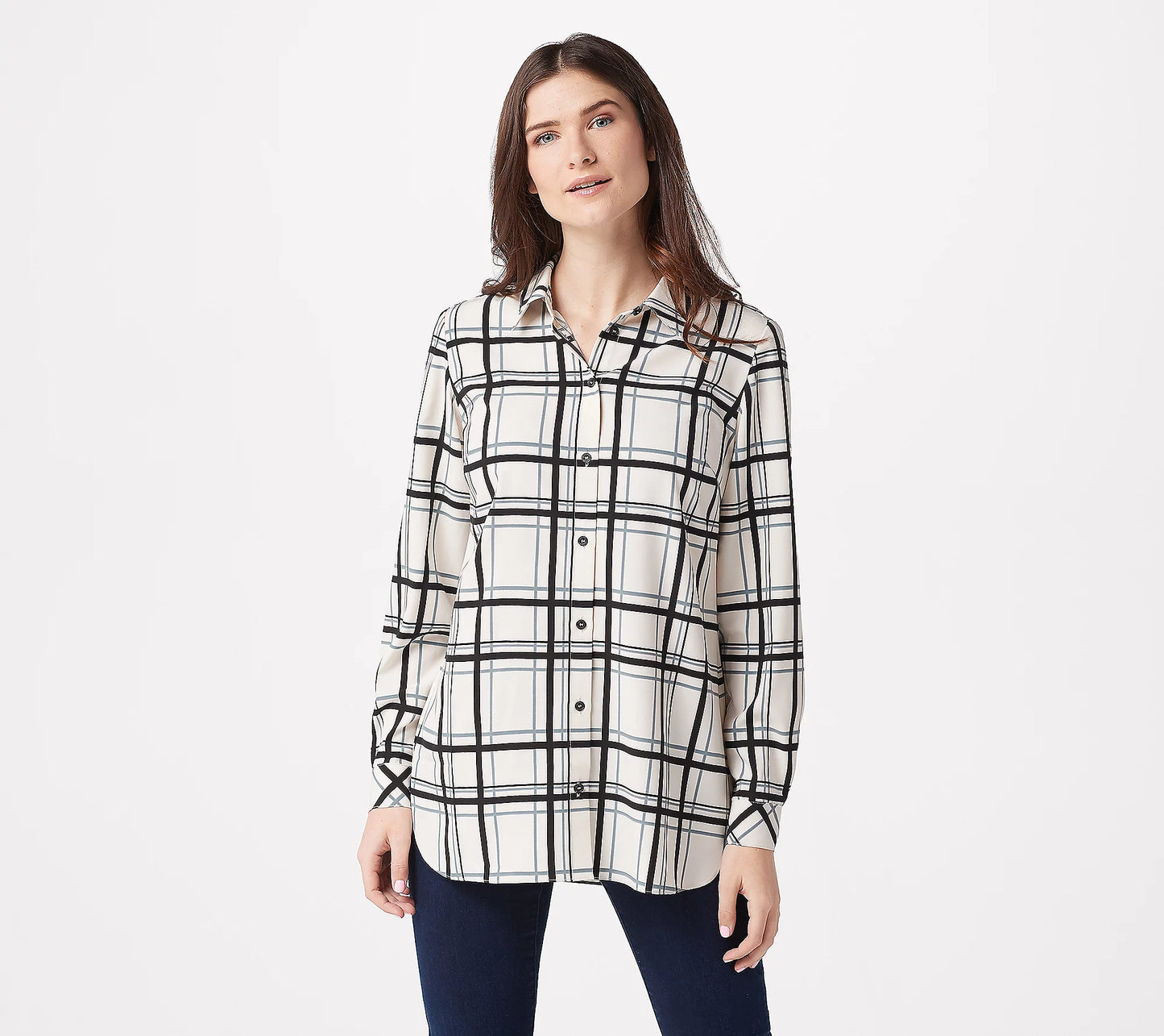 Susan Graver Women’s Printed Stretch Woven Button Front Tunic Shirt