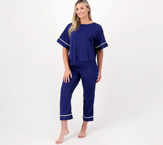 Breezies Women’s Lounge Stretch Satin Short Sleeve Sleep Set- Eclipse