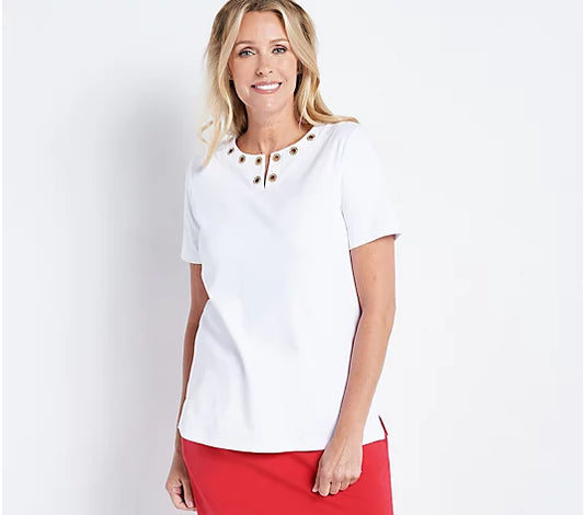 Quacker Factory Women’s Grommet Detail Split-Neck Short Sleeve T-Shirt- White