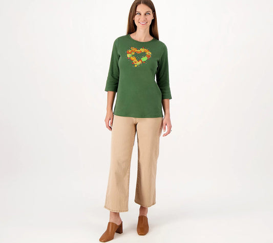 Quacker Factory Women’s Seasonal Love 3/4-Sleeve Top- Dark Olive