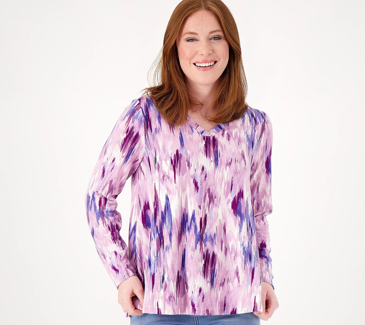 Denim & Co. Printed Heavenly Jersey V-Neck Swing Top