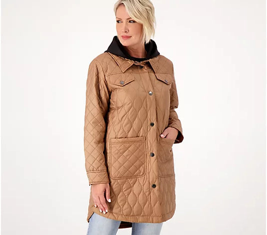 Nuage Women’s Mixed Quilted Coat with Scuba Hood- Bronzed