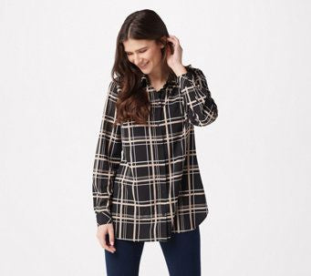 Susan Graver Women’s Printed Stretch Woven Button Front Tunic Shirt