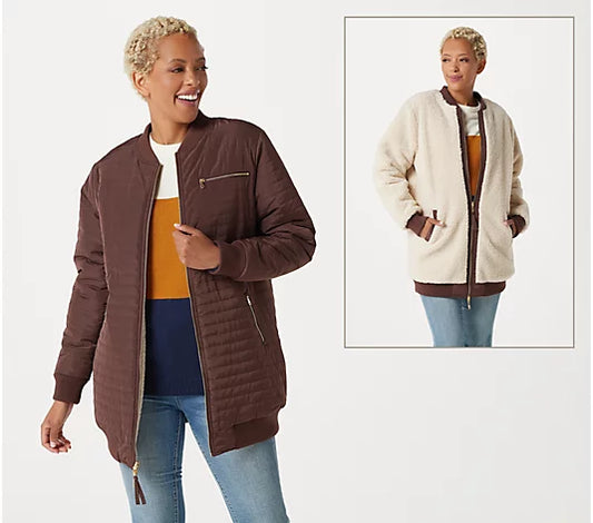 zuda Women’s Reversible Zip Front Long Bomber Jacket