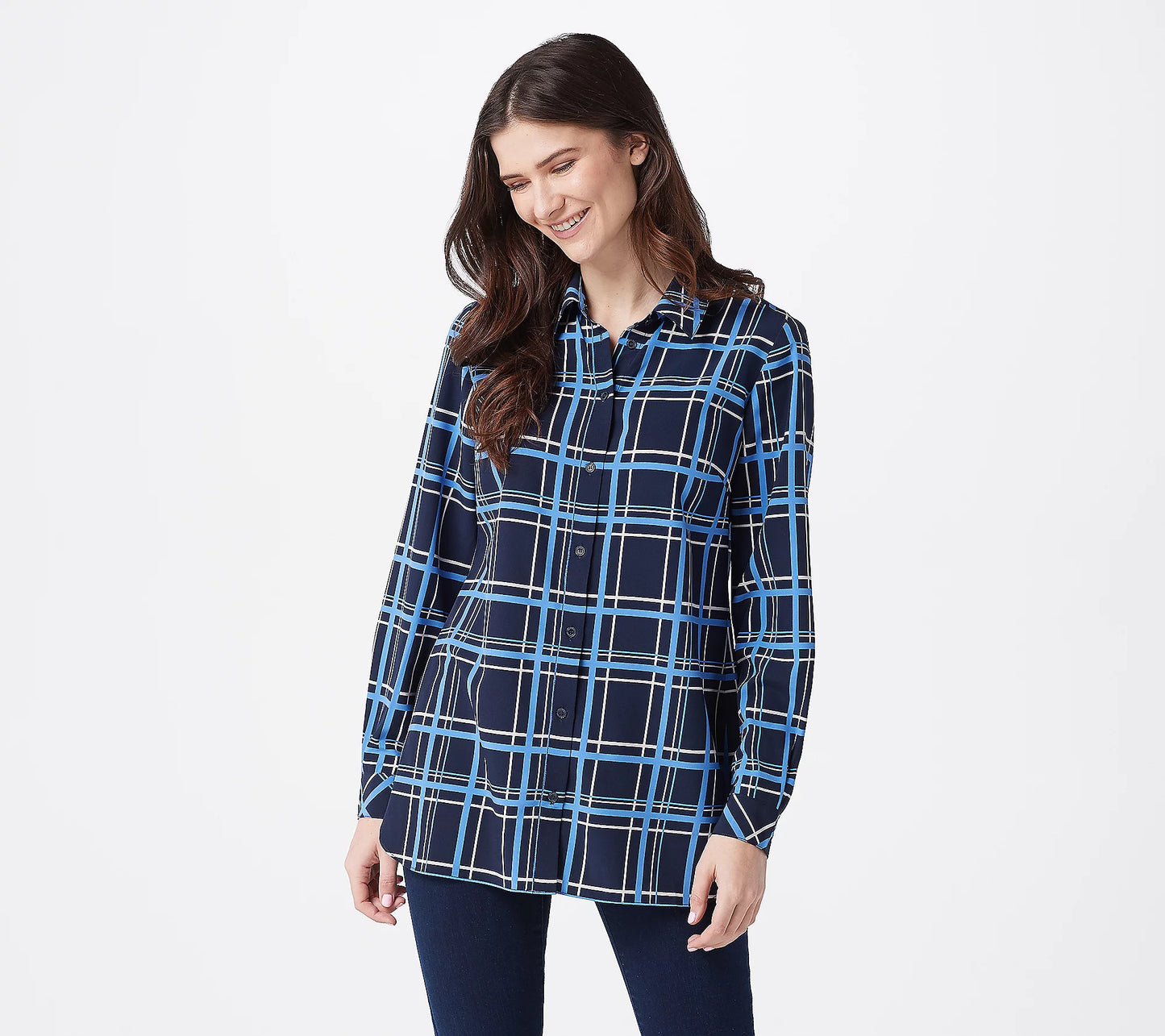 Susan Graver Women’s Printed Stretch Woven Button Front Tunic Shirt