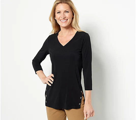 Susan Graver Liquid Knit 3/4 Sleeve Button Panel Tunic Women's