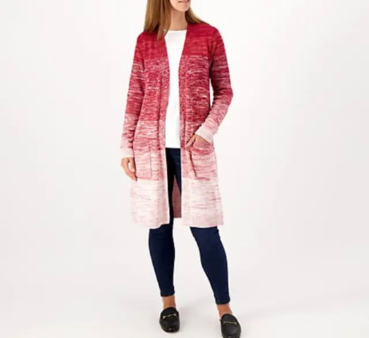 Denim & Co. Women’s Spacedye Open Front Long Sweater Cardigan- Rhubarb