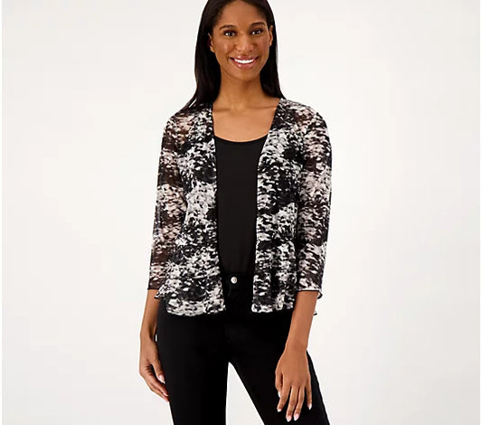 Attitudes by Renee Women’s Mesh Printed Peasant Hem Cardigan- Monet Strokes