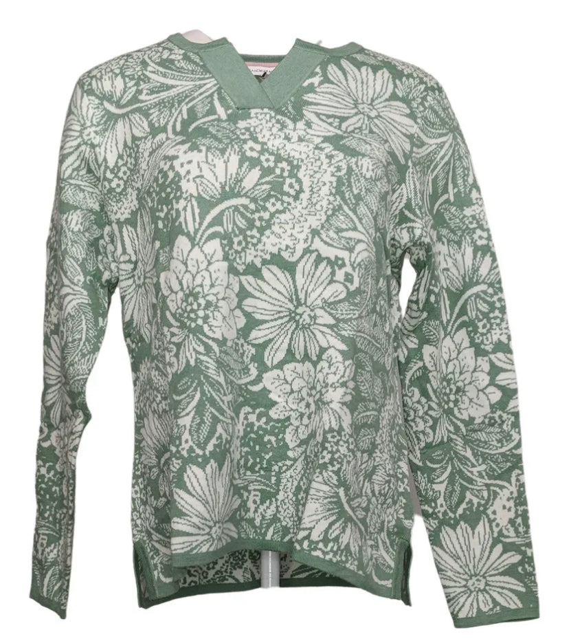 Isaac Mizrahi Women's Floral Jacquard Split Neck Sweater- Green
