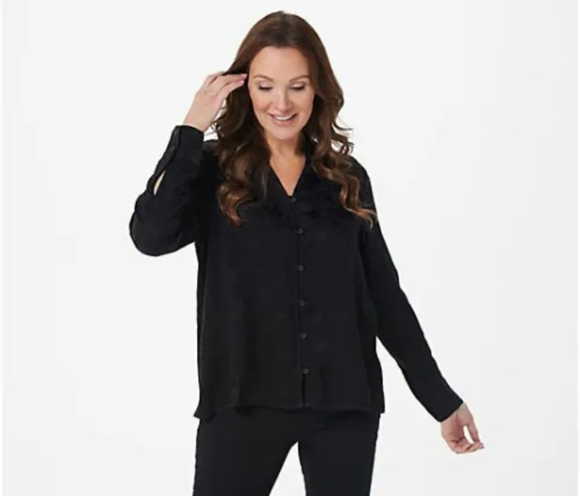 Side Stitch Women’s Mandarin Collar Camo Jacquard Print Top
