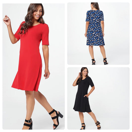 Susan Graver Women’s Print or Solid Liquid Knit Fit & Flare Dress