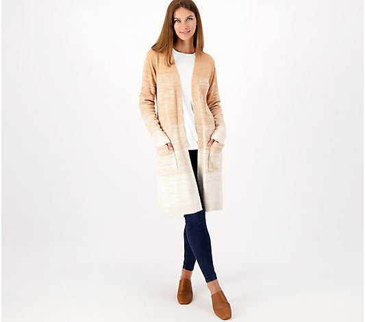 Denim & Co. Women’s Spacedye Open Front Long Sweater Cardigan- Warm Caramel