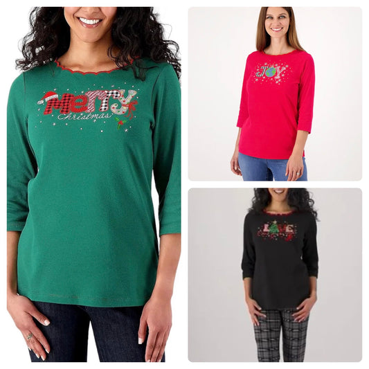 Quacker Factory Women’s Holiday 3/4-Sleeve Top with Scallop Neckline