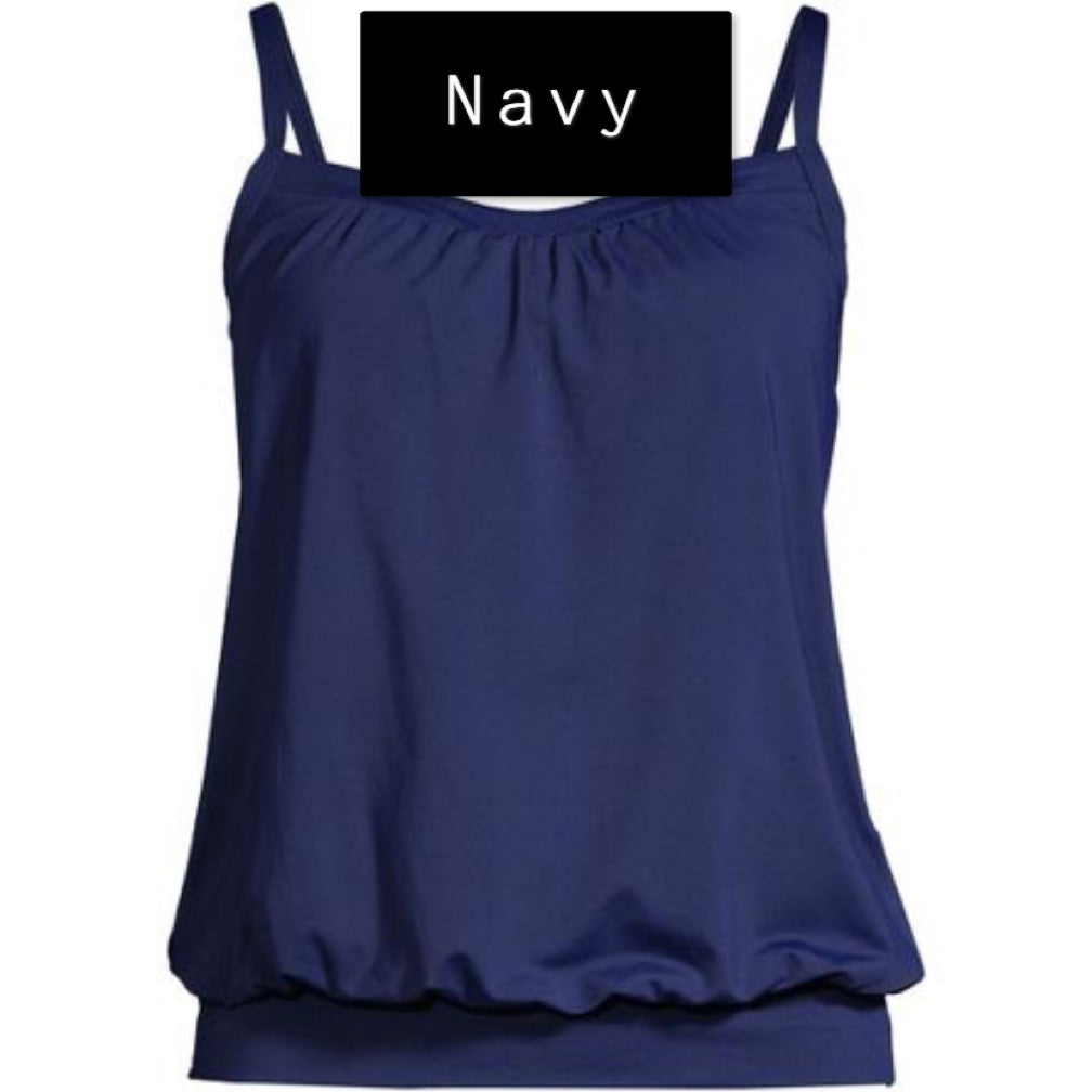 Land’s End Women's Petite Chlorine Resistant Blouson Tummy Hiding Tankini Swimsuit Top Adjustable Straps