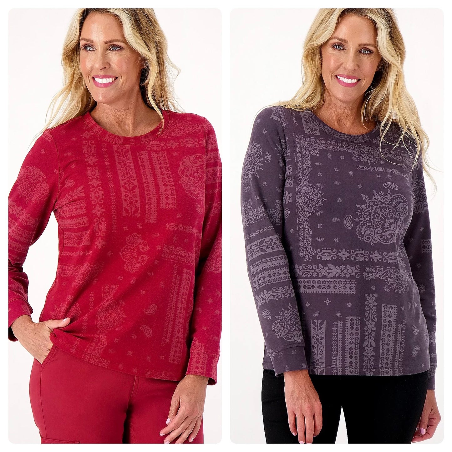 Denim & Co. Women’s Active Printed French Terry Round Neck Pullover