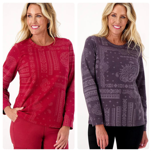 Denim & Co. Women’s Active Printed French Terry Round Neck Pullover