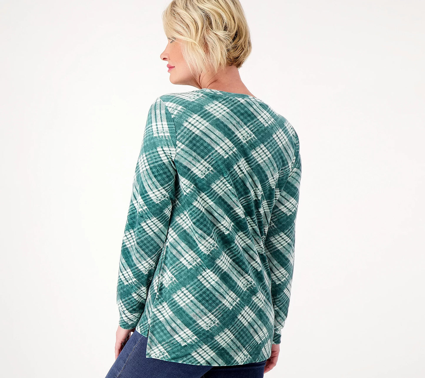 Denim & Co. Women’s Regular Printed Velour Pullover with Hi-Low Hem- Deep Pine