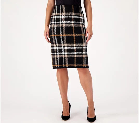 Isaac Mizrahi Live! Women’s Jacquard Sweater Skirt with Side Slits- Black Plaid