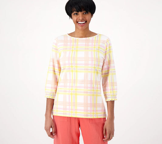 Denim & Co. Women’s Printed Favorite Jersey Boat Neck 3/4 Sleeve Smocked-Buttercup Multi