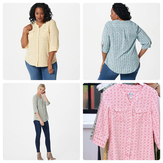 Denim & Co. Petite Printed Y-Neck 3/4-Sleeve Women's Blouse