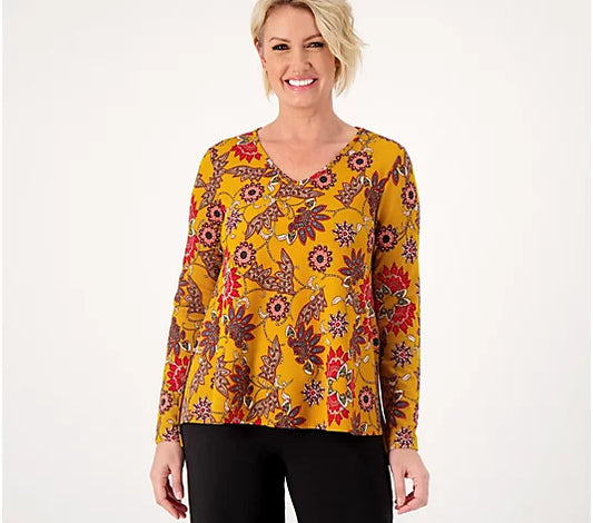 Attitudes by Renee Women’s Long Sleeve V-neck Tunic Textured Knit- Golden Gardens