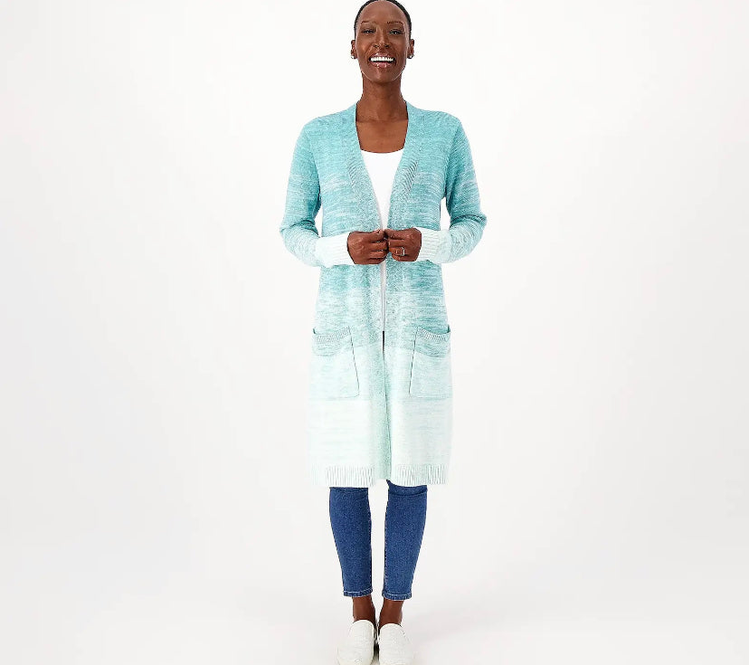 Denim & Co. Spacedye Open Front Long Sweater Cardigan- Turquoise