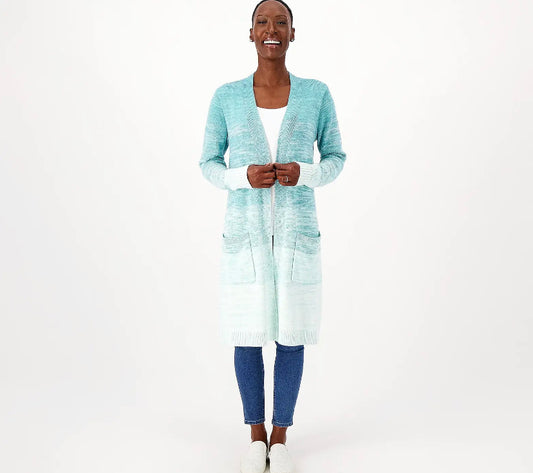 Denim & Co. Spacedye Open Front Long Sweater Cardigan- Turquoise