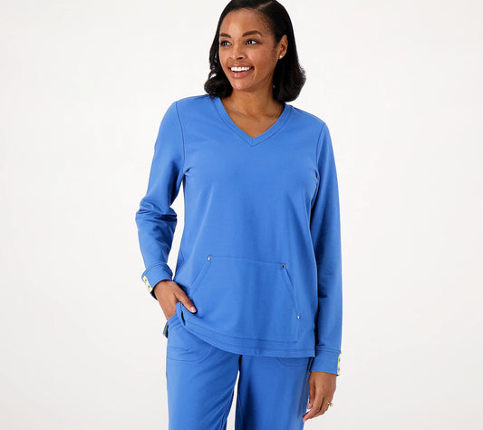 Sport Savvy Regular French Terry Vneck Top & Crop Pant Set- Ocean Blue