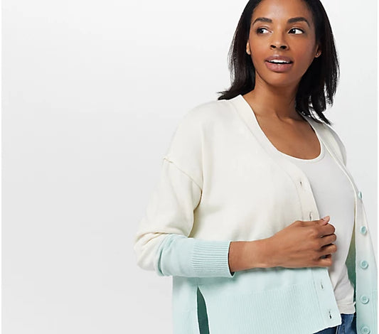 Candace Cameron Women’s Bure Dip-Dyed V-Neck Button-Front Cardigan- Seafoam