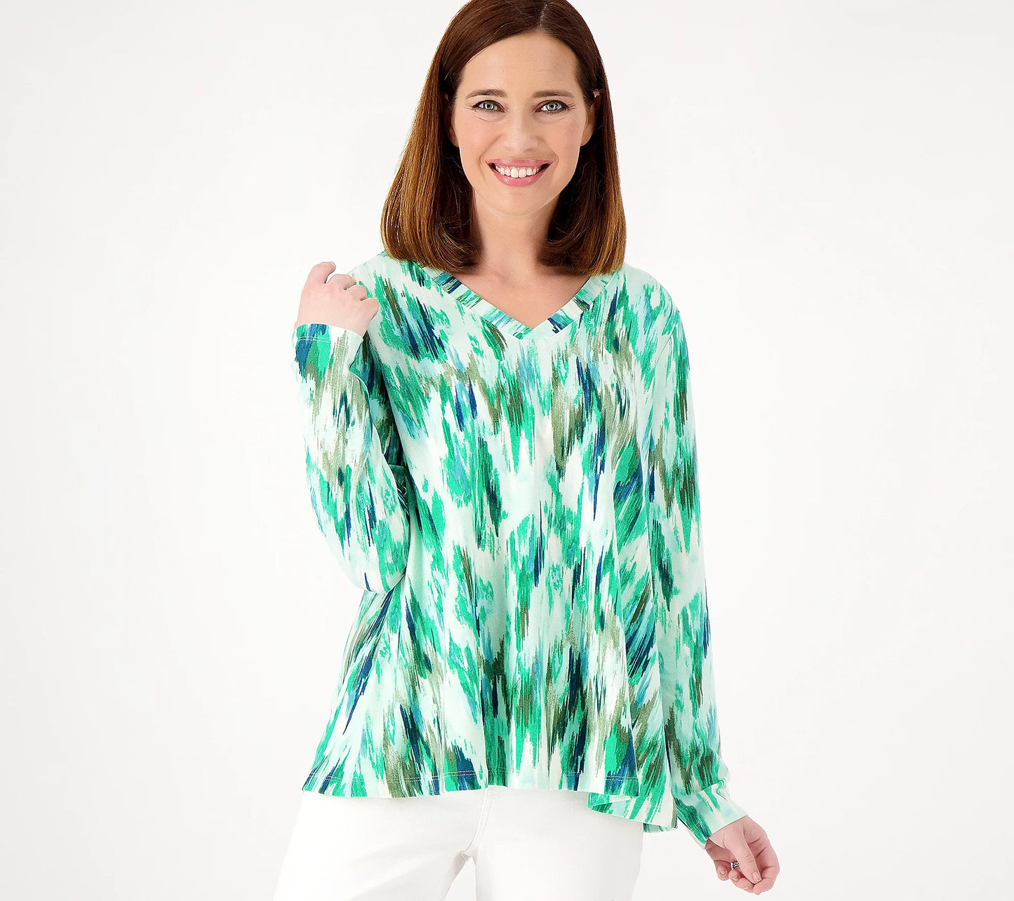 Denim & Co. Printed Heavenly Jersey V-Neck Swing Top