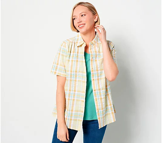 Denim & Co. Plaid Seersucker Short-Sleeve Women's Shirt