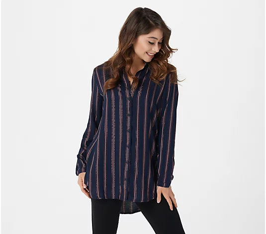 Side Stitch Women’s Button- Front Tunic with Lurex Detail