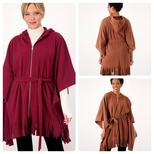 Susan Graver Weekend Women’s Fleece Hooded Poncho with Fringe