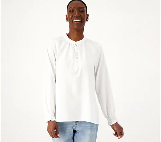 Side Stitch Women’s Half Placket Pullover Swing Blouse- White