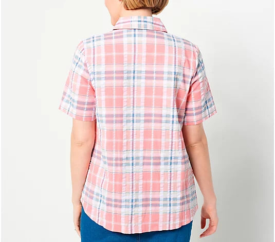 Denim & Co. Plaid Seersucker Short-Sleeve Women's Shirt