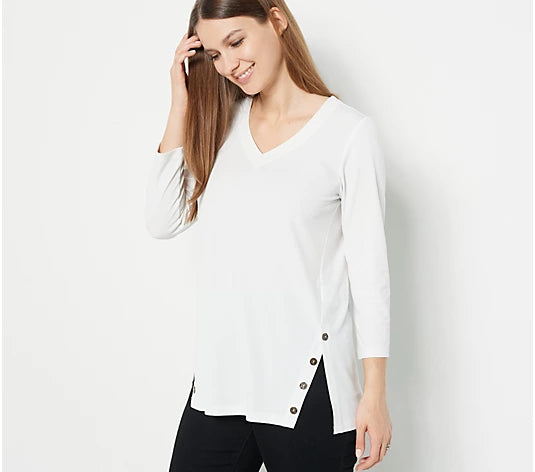Susan Graver Liquid Knit 3/4 Sleeve Button Panel Tunic Women's