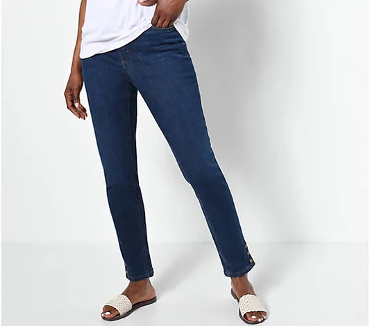 Denim & Co. Easy Stretch Denim Regular Snap-Cuff Slim Straight- Deep Indigo