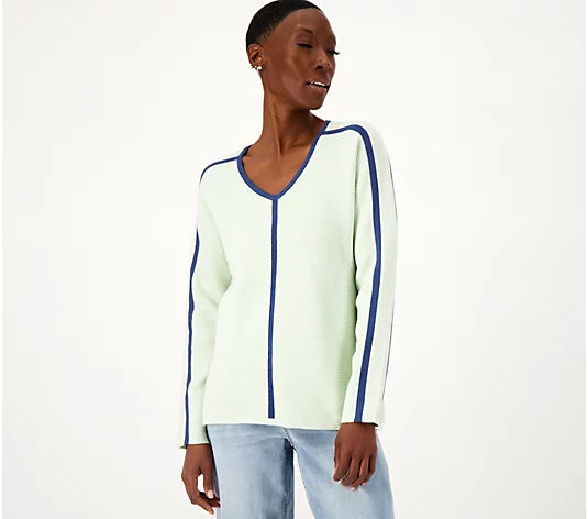 Attitudes by Renee Women’s V-Neck Ribbed Sweater with Contrast Piping- Seafoam