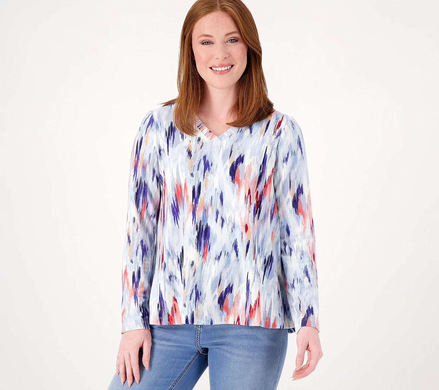 Denim & Co. Printed Heavenly Jersey V-Neck Swing Top